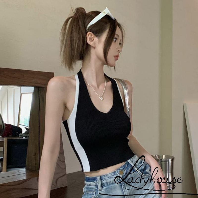 Áo Croptop Không Tay Cổ Yếm Màu Sắc Tương Phản Thời Trang Mùa Hè Cho Nữ