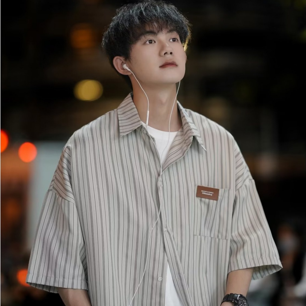 Áo Sơ Mi Da Pu Tay Ngắn Kẻ Sọc Trẻ Trung Hợp Thời Trang Hè Cho Nam