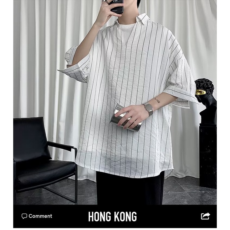 Áo Sơ Mi Tay Lửng 3 / 4 Cổ Chữ V Dáng Rộng Họa Tiết Kẻ Sọc Thời Trang Mùa Hè Hàn Quốc Mới Cho Nam