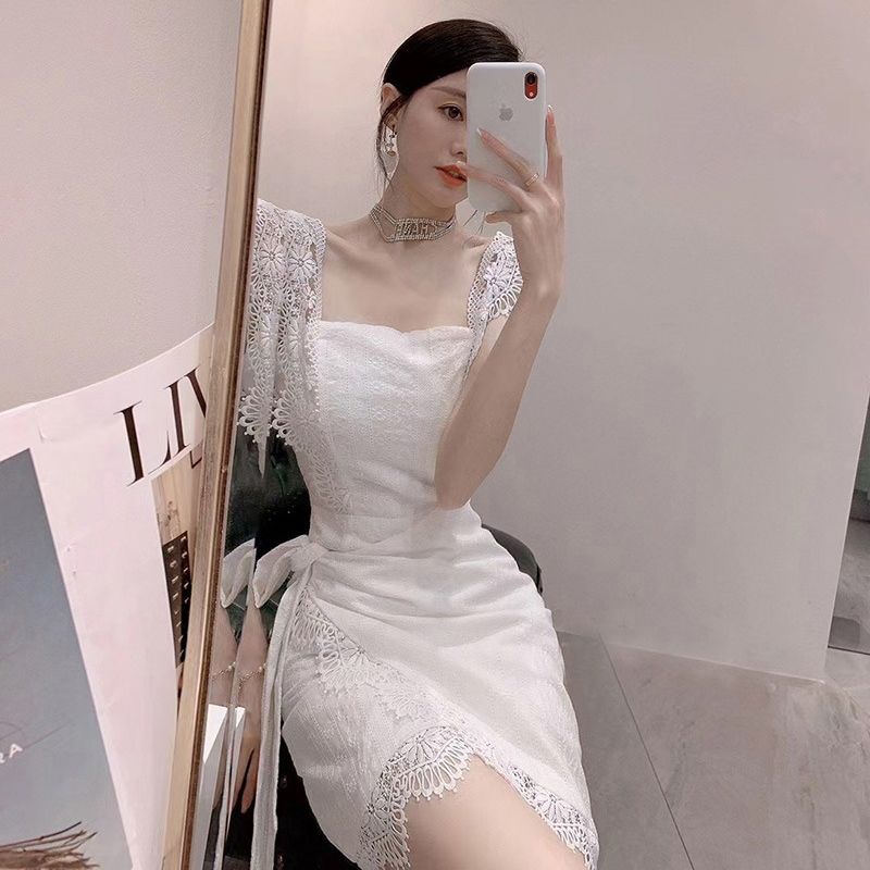 Đầm Hai Dây Dáng Ôm Phối Ren Màu Trắng Phong Cách Pháp Thời Trang Xinh Xắn Cho Nữ