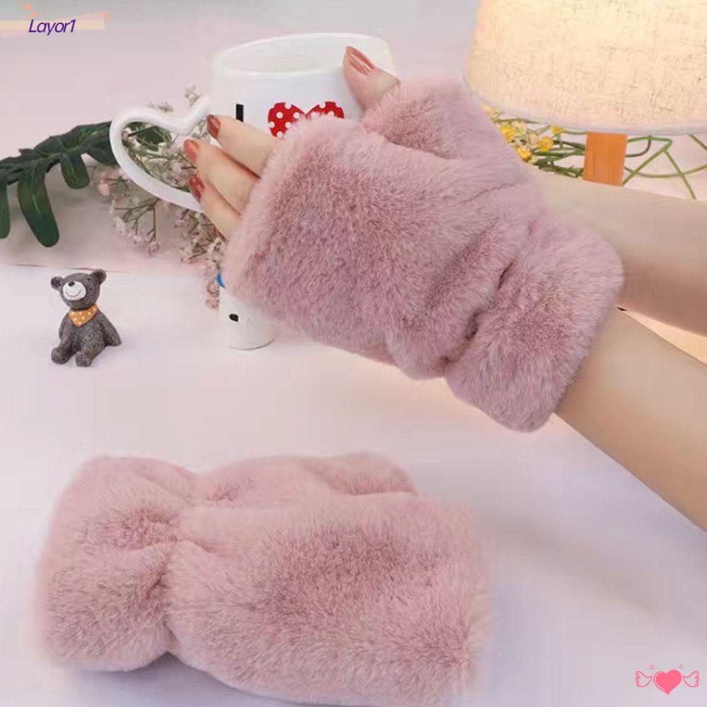 1 Găng Tay Giả Lông Thỏ Nửa Ngón Mềm Mại Dày Dặn Ấm Áp