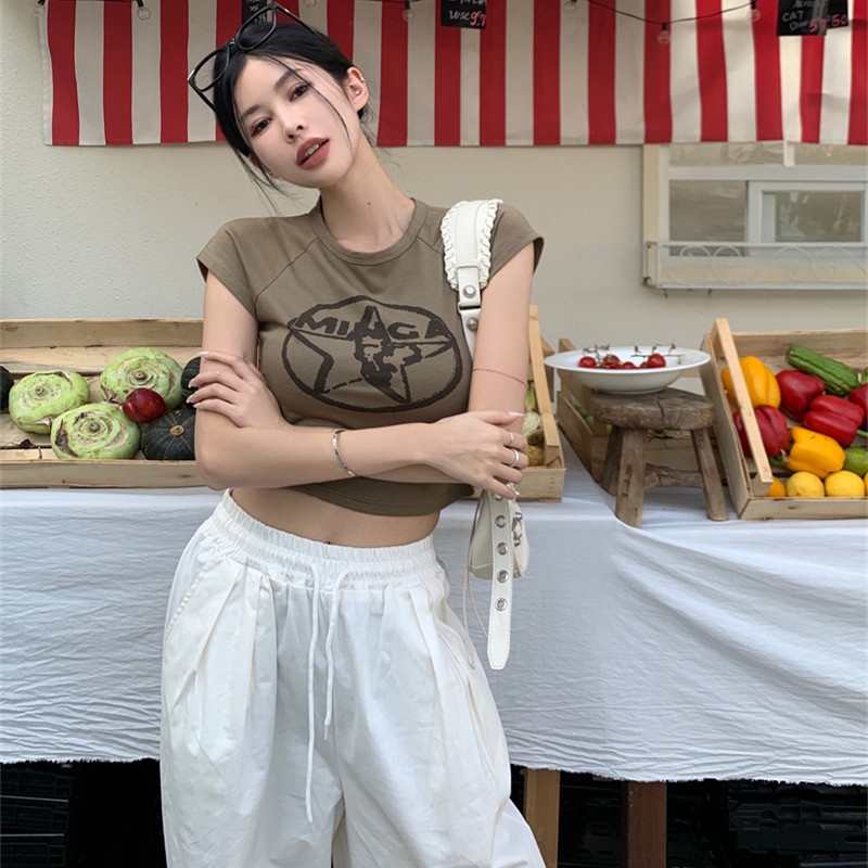 Áo Croptop Tay Ngắn Hoạ Tiết In Thiết Kế Đơn Giản Hợp Thời Trang