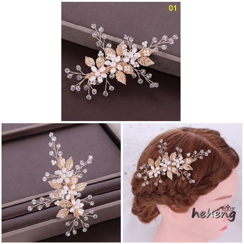 Trâm Cài Tóc Hình Chiếc Lá Đính Đá &amp; Ngọc Trai Giả Cho Cô Dâu