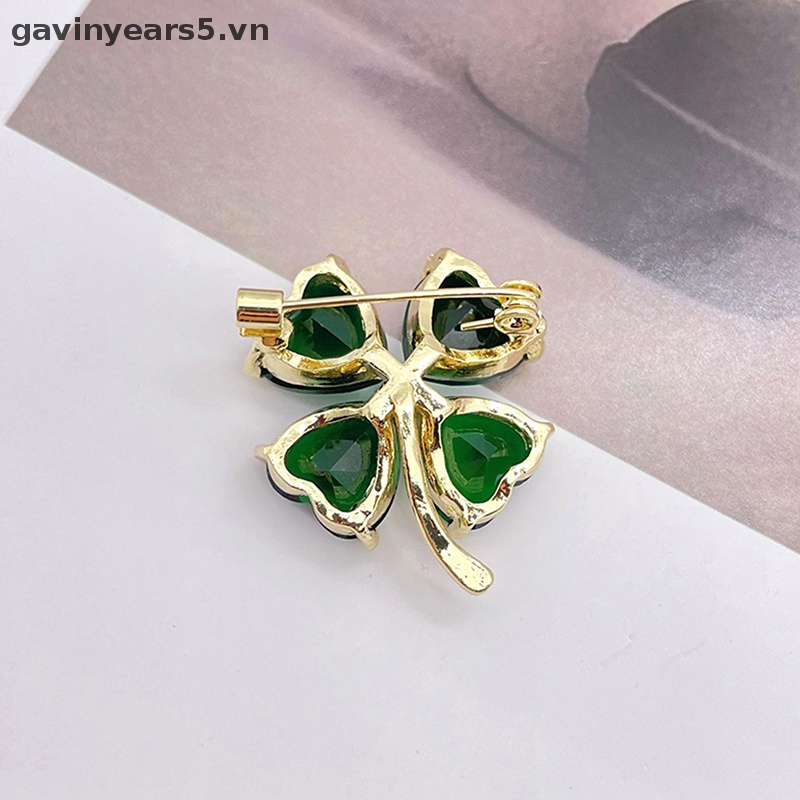 [Gavin] Ghim Cài Áo Hình Cỏ Bốn Lá May Mắn Retro Pháp Màu Ngọc Lục Bảo Cố Định Quần Áo Cho Nữ ~