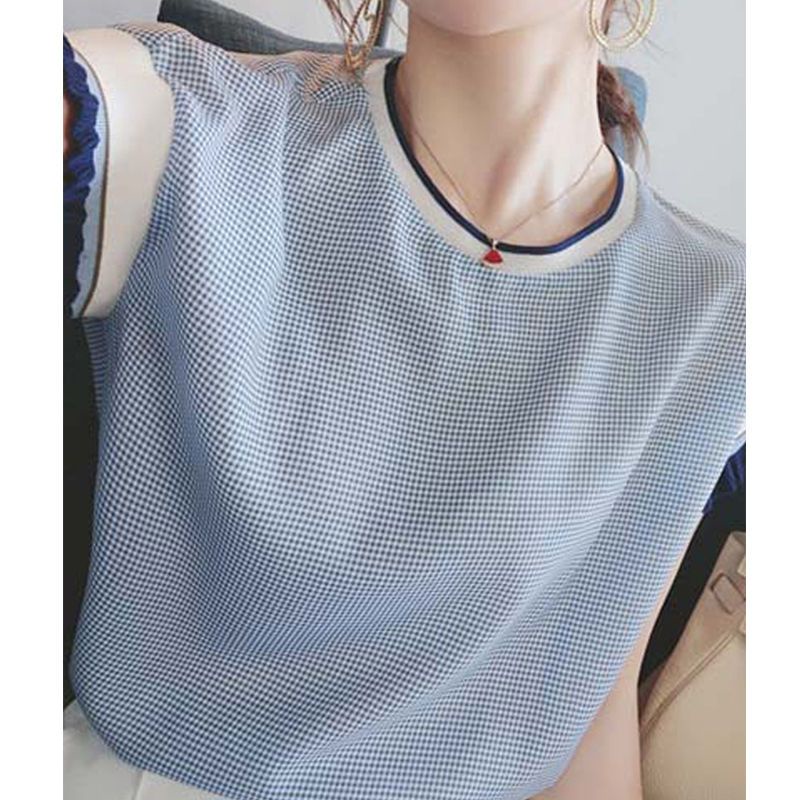 Áo Sơ Mi Chiffon Tay Ngắn Dáng Rộng Họa Tiết Caro Màu Xanh Dương Viền Gỗ Thời Trang Mùa Hè Hàn Quốc Cho Nữ