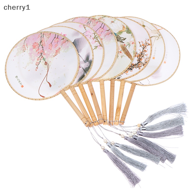 [cherry1] Quạt Tròn In Họa Tiết Phong Cách Trung Hoa Cổ Điển Có Tay Cầm