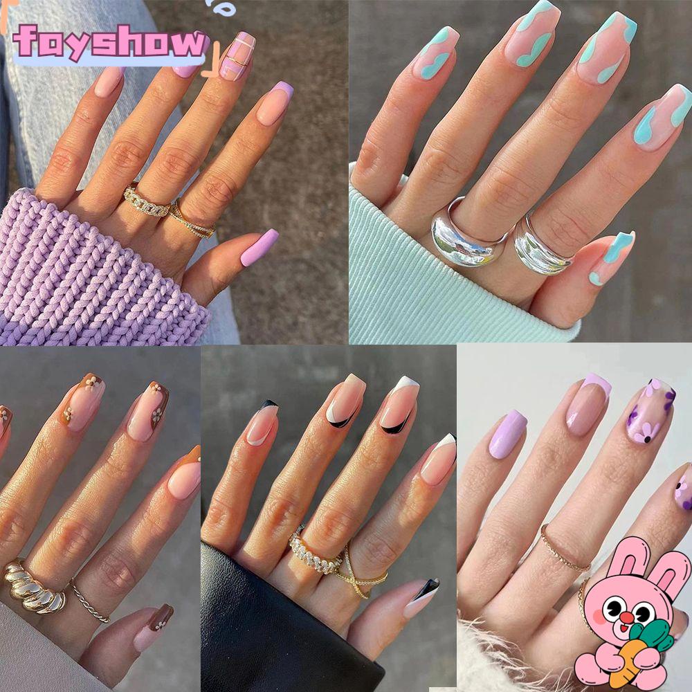 Bộ 24 Móng Tay Giả Đầu Tròn / Vuông Có Thể Tháo Rời Ốp