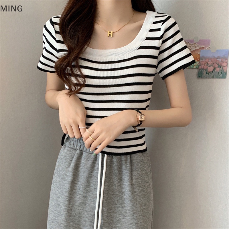 Áo Croptop Dệt Kim Ngắn Tay Họa Tiết Kẻ Sọc Vintage Cho Nữ