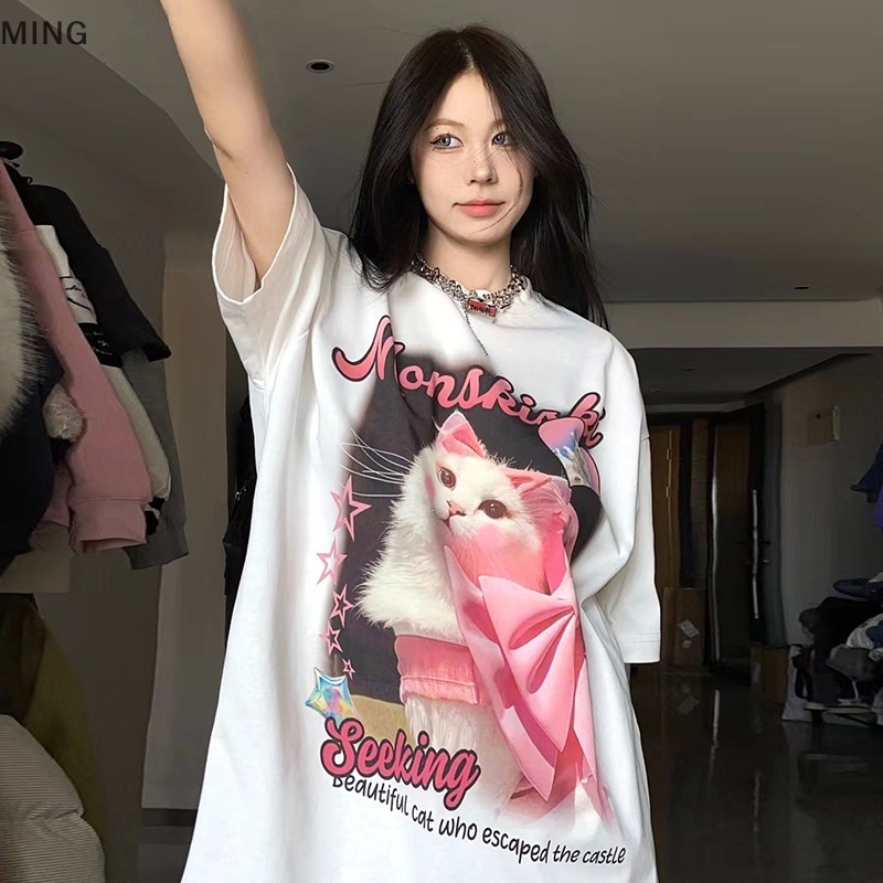 Áo Thun Tay Ngắn Cổ Tròn Dáng Rộng In Họa Tiết Mèo Hoạt Hình Thời Trang Mùa Hè Cho Nữ
