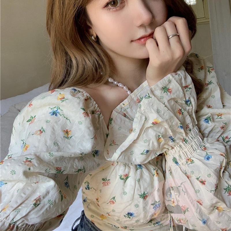 Áo Kiểu Tay Phồng Dài Cổ Vuông In Họa Tiết Hoa Xinh Xắn Thời Trang Cho Nữ