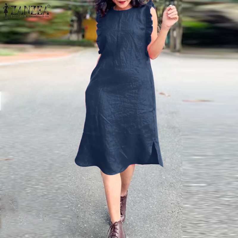 Zanzea Đầm Nữ Cộc Tay Cổ Tròn Thời Trang Hàn