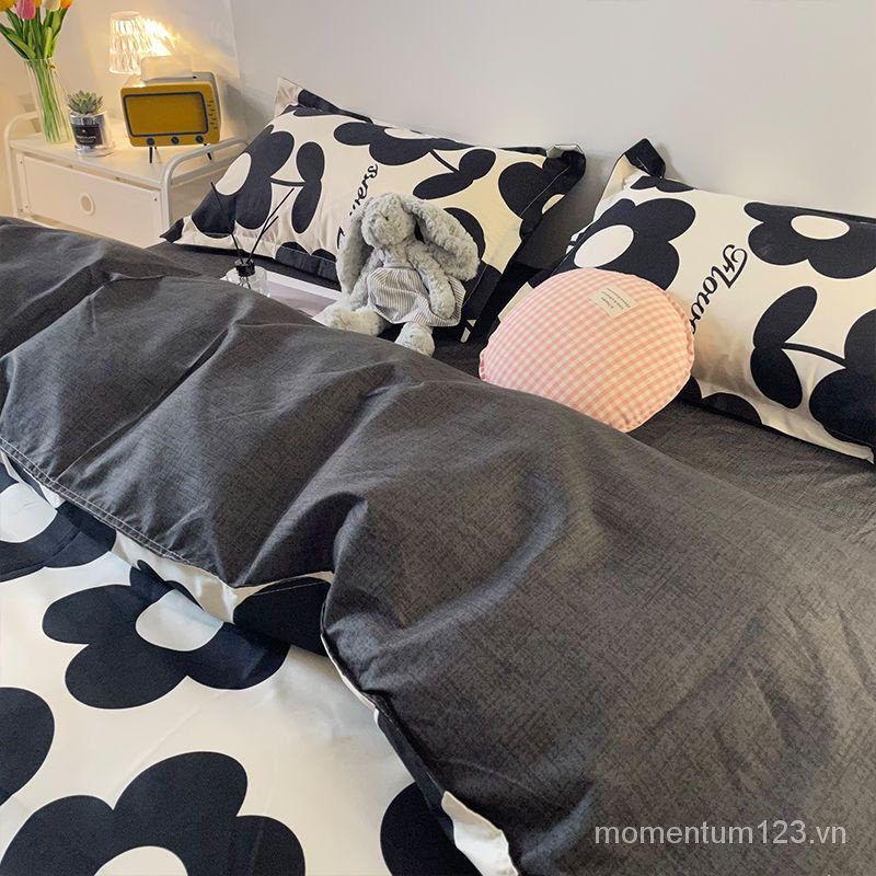 Bộ Ga Trải Giường + Vỏ Gối + Vỏ Chăn 3 Món In Hoa Hướng Dương Phong Cách Bắc Âu