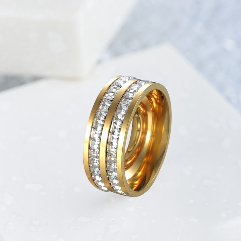 Nhẫn Đính Hôn Bằng Thép Titan Hai Hàng Đính Đá Zircon Hình Vuông Màu Vàng Hồng Sang Trọng Cho Nữ