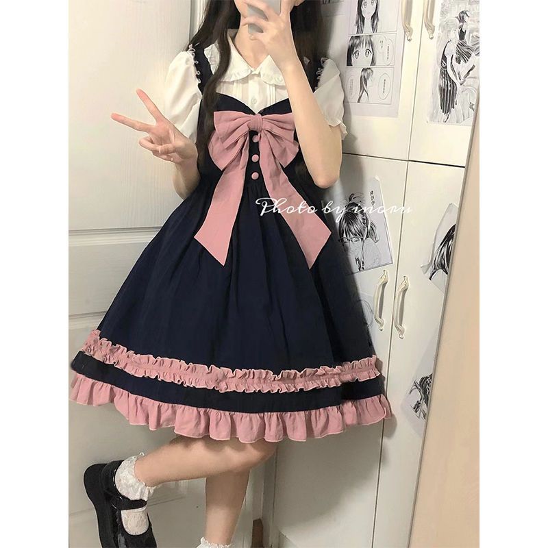 Bộ Đầm Yếm Thắt Nơ Mềm Mại + Áo Tay Phồng Dễ Phối Đồ Phong Cách Lolita Ngọt Ngào Cho Nữ