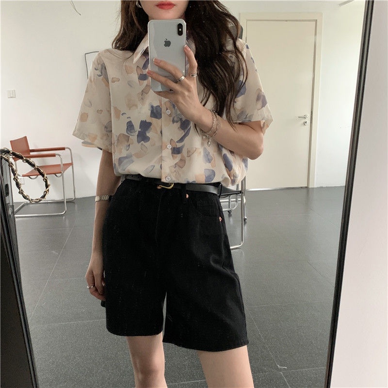 COZOK Áo Sơ Mi Tay Ngắn Dáng Rộng In Họa Tiết vintage Thời Trang Hàn Quốc