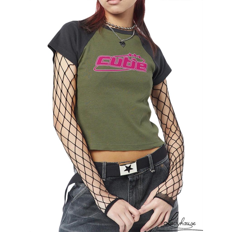 Áo Thun Crop Top Tay Ngắn Cổ Tròn In Họa Tiết Y2K Thời Trang Cho Nữ Những Năm 90S