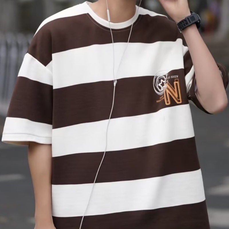 Áo Thun Ngắn Tay Họa Tiết Kẻ Sọc Màu Sắc Tương Phản Thời Trang Mùa Hè Cho Nam