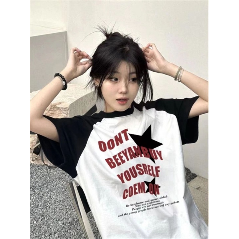 Áo Thun Raglan Tay Ngắn Raglan Màu Sắc Tương Phản Phong Cách Đường Phố Mỹ Cổ Điển Thời Trang Mùa Hè Cho Nữ