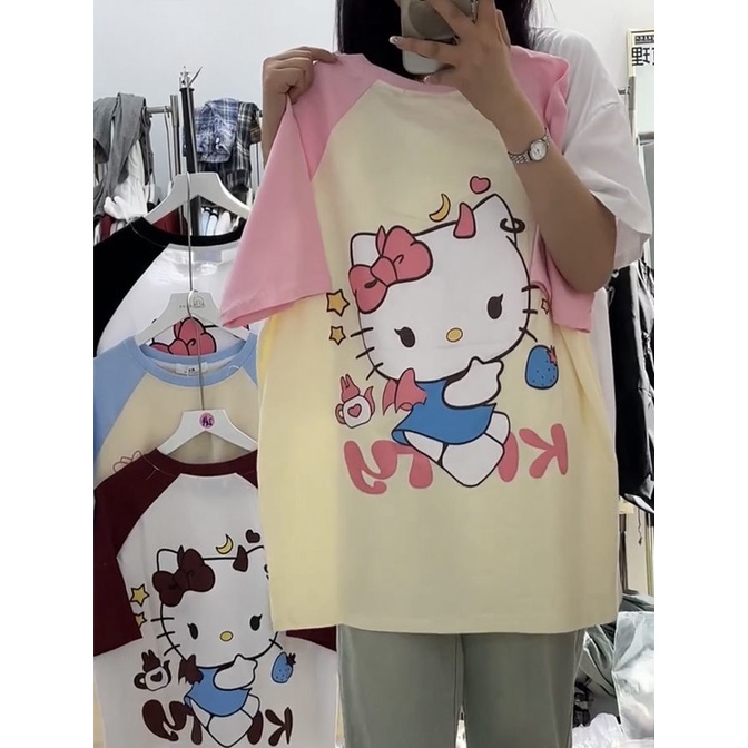 Áo Thun Raglan Tay Ngắn Cổ Tròn In Hình Mèo Hoạt Hình Thời Trang Mùa Hè Dành Cho Nữ