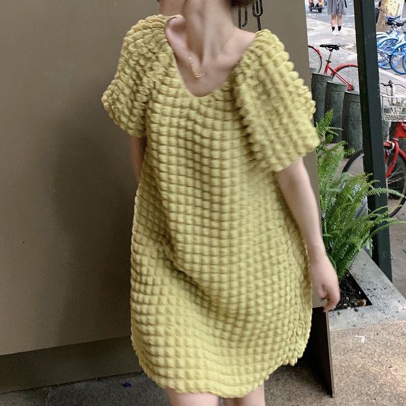 Đầm Midi Tay Phồng Ngắn Cổ Chữ v Thời Trang Cho Nữ