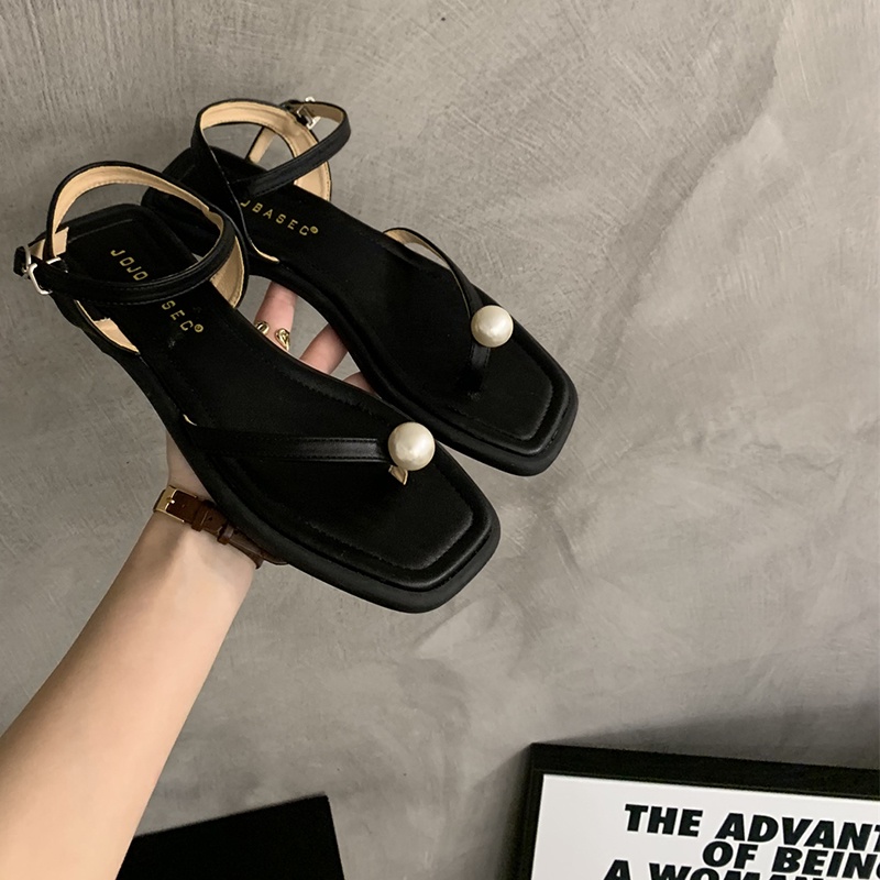 Xăng đan Xỏ Ngón Mũi Vuông Đính Ngọc Trai Thời Trang Dành Cho Nữ