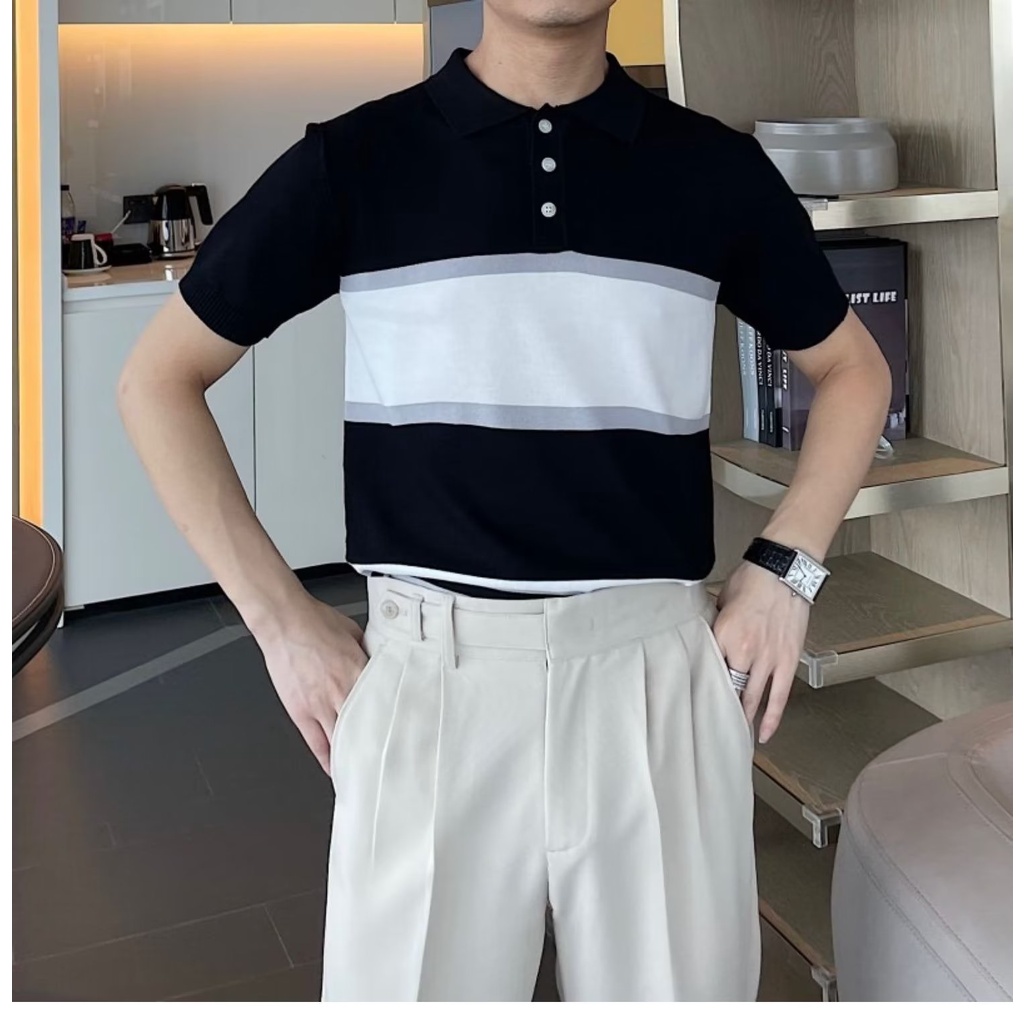Áo Polo Dệt Kim Tay Ngắn Dáng Rộng Họa Tiết Kẻ Sọc Thời Trang Xuân Hè Nhật Bản Cho Nam