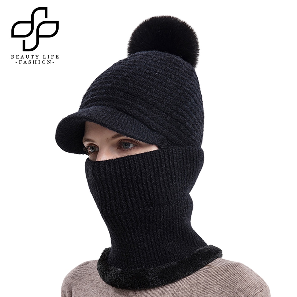 Beautylife Mũ Len Trùm Đầu Siêu Co Giãn Màu Trơn Chống Gió Giữ Ấm Tai Kèm Khăn Quấn Cổ Cho Nữ