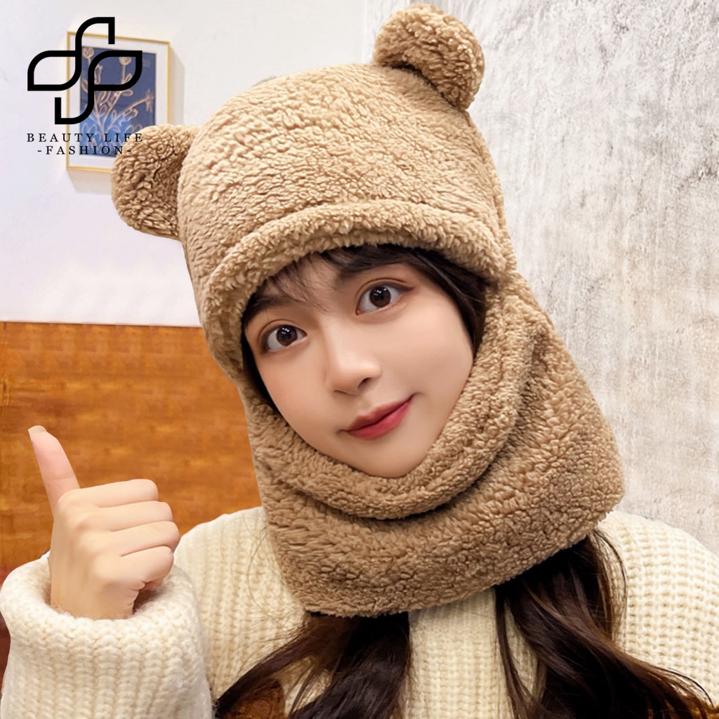 Nón Beanie Kèm Khăn Choàng Cổ Bằng Vải Bông Màu Trơn Chống Lạnh Bảo Vệ Tai Gấu Thời Trang Thu Đông Dành Cho Bạn Nữ Mặc Hàng Ngày