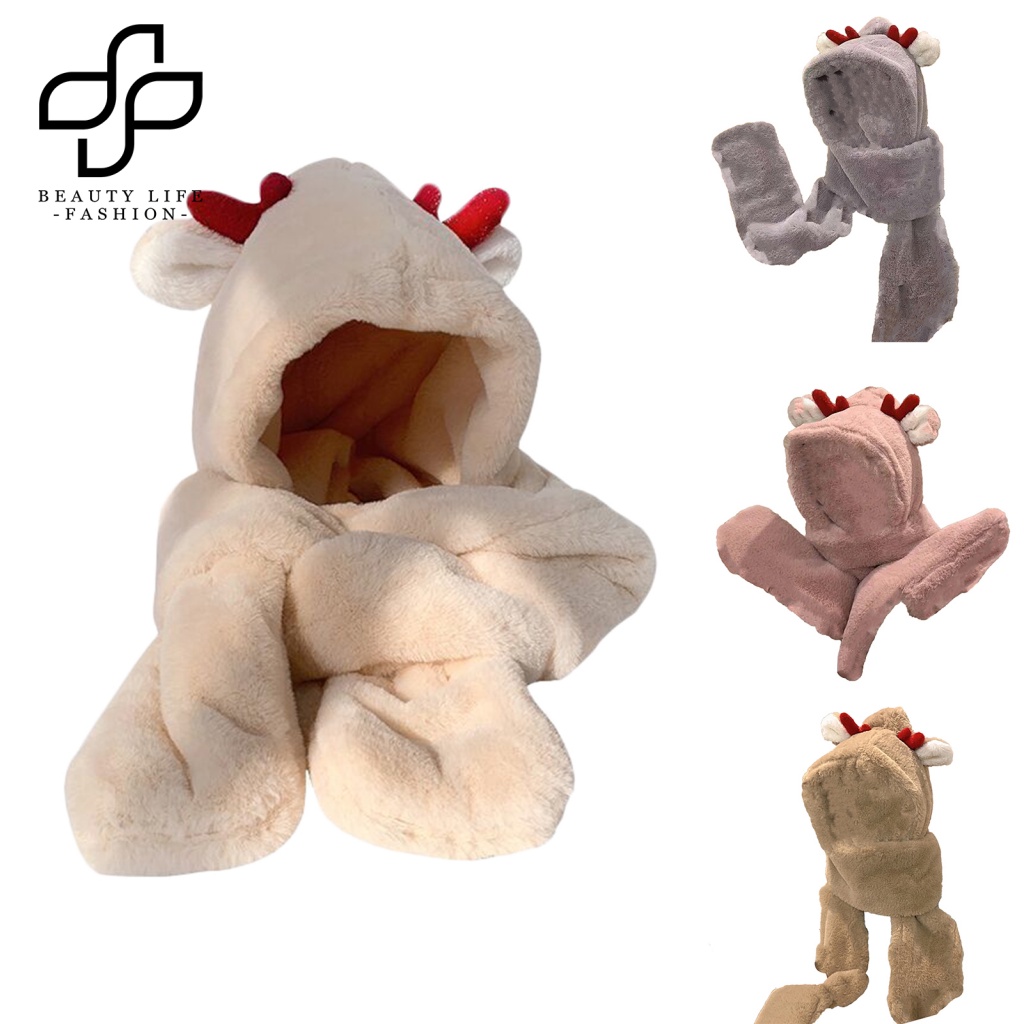 Khăn Choàng Cổ Dày Dặn 3 Trong 1 Có Túi Thiết Kế Sừng Hươu Không Găng Tay Tích Hợp Găng Tay Cho Hoạt Động Ngoài Trời