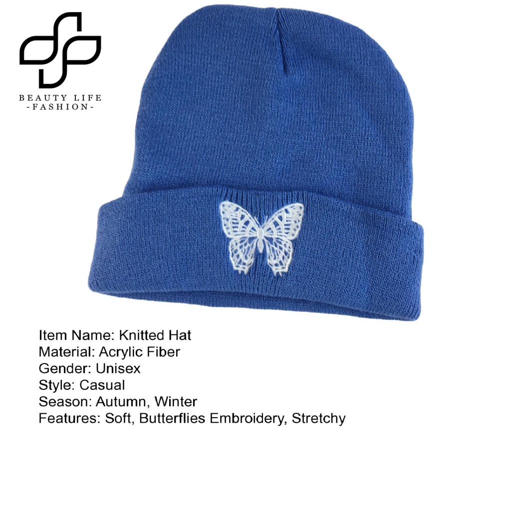 Beautylife Mũ Beanie Dệt Kim Siêu Mềm Dày Dặn Màu Trơn Thêu Hình Bướm Phong Cách Harajuku Giữ Ấm Mùa Thu Đông Nón Lưỡi Trai Thời Trang Cho Cặp Đôi
