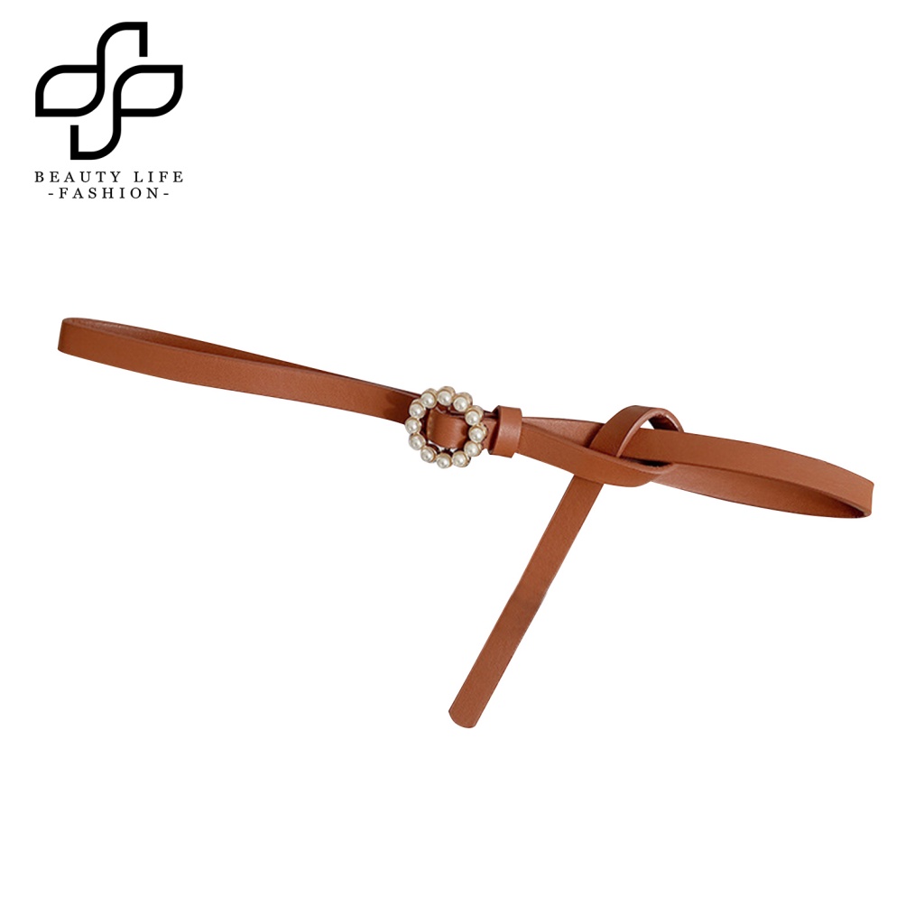 Thắt Lưng Da Bản Nhỏ Đính Ngọc Trai Giả Khóa Tròn Thời Trang Cho Nữ