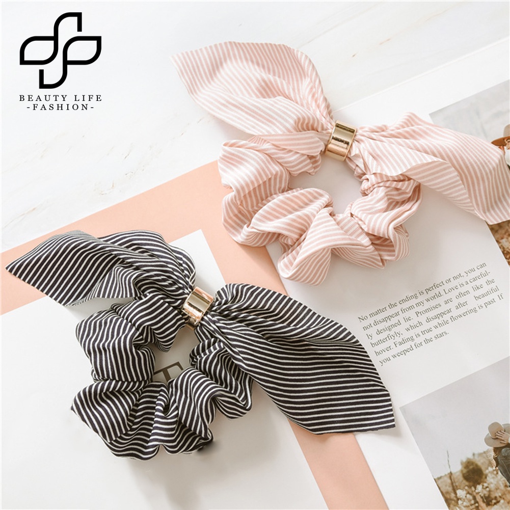 Dây Cột Tóc Co Giãn Hình Tai Thỏ Họa Tiết Kẻ Sọc Cho Nữ