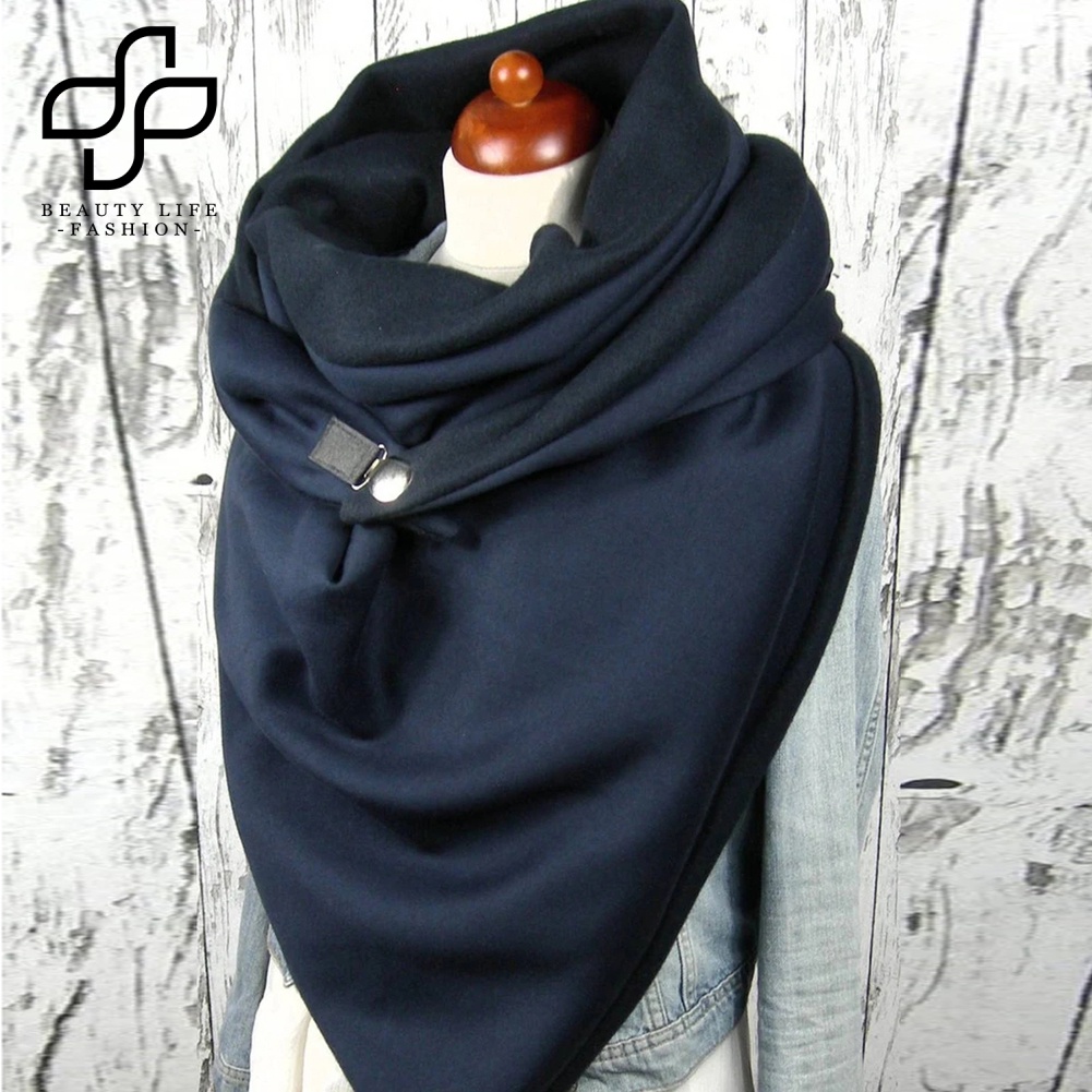 Khăn Choàng Dày Mềm Mại Màu Trơn Cài Nút Thời Trang Thu Đông Cho Nữ