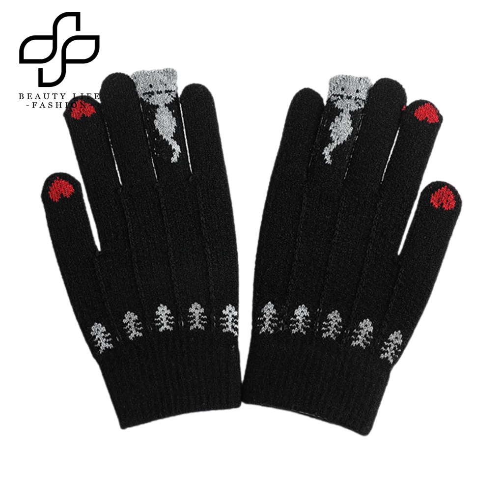 1 Đôi Găng Tay Dệt Kim Lót Lông Cừu Dày Dặn Họa Tiết Mèo Có Thể Chạm Màn Hình Cảm Ứng