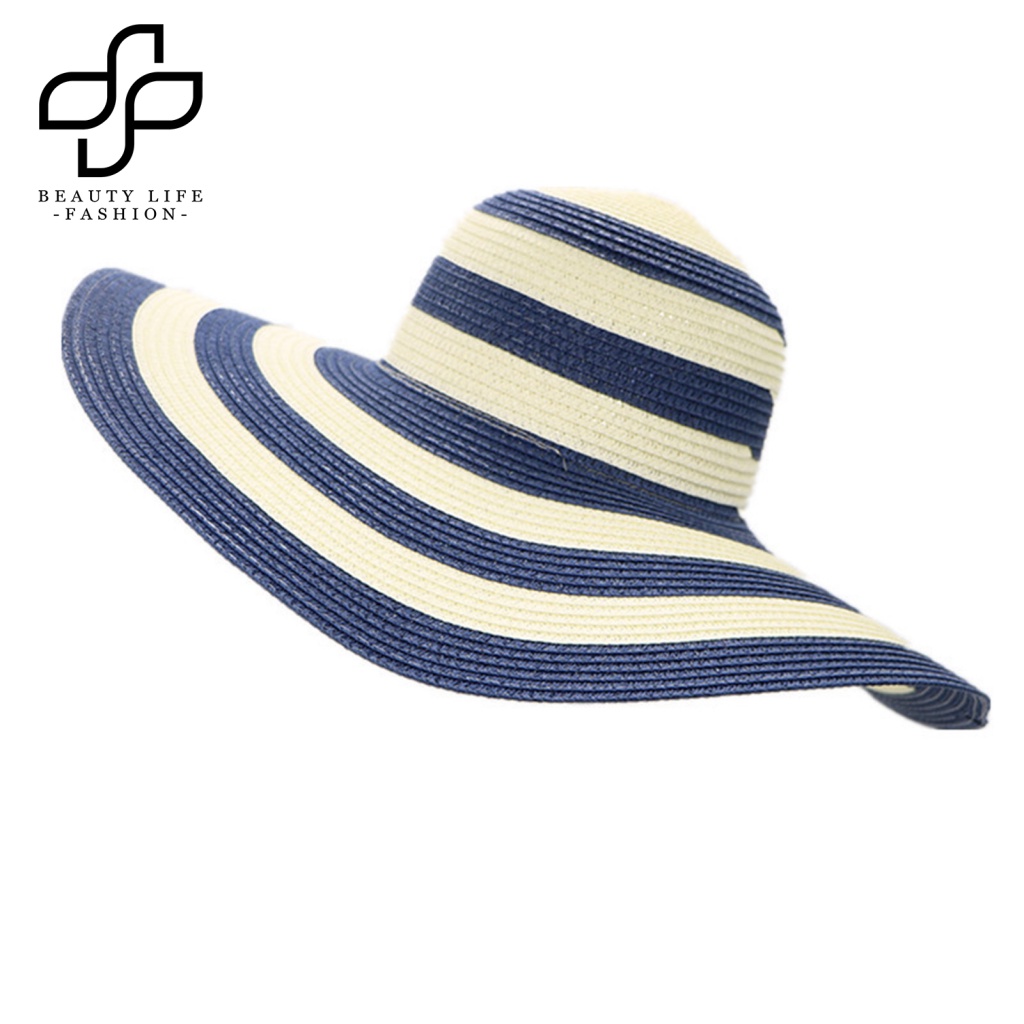 Nón Tai Bèo Rộng Vành Họa Tiết Kẻ Sọc Màu Sắc Tương Phản Thời Trang Mùa Hè Cho Nữ