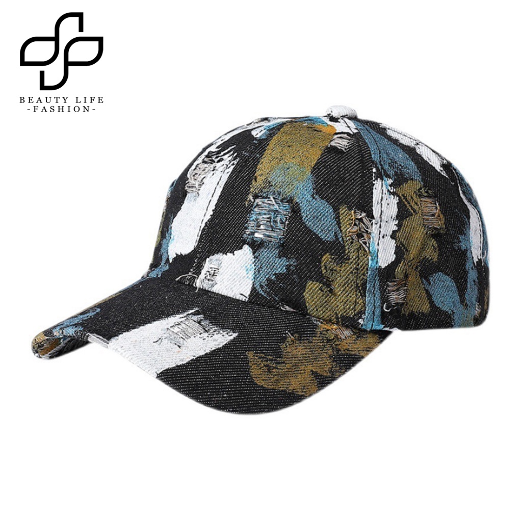 Nón Lưỡi Trai Unisex Phối Rách Màu Sắc Tươi Sáng Phong Cách Hiphop Đường Phố