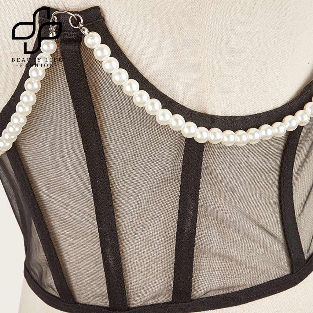 Đai Nịt Bụng Corset Vải Lưới Xuyên Thấu Đính Ngọc Trai Giả Điều Chỉnh Được Dây Buộc Eo Thời Trang Cho Nữ
