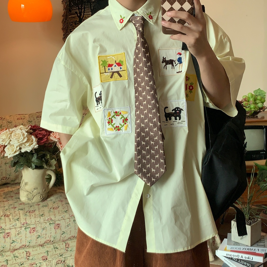 Áo Sơ Mi Tay Ngắn C2 Thêu Họa Tiết Phong Cách Đường Phố Cổ Điển Thời Trang Mùa Hè Cho Cặp Đôi