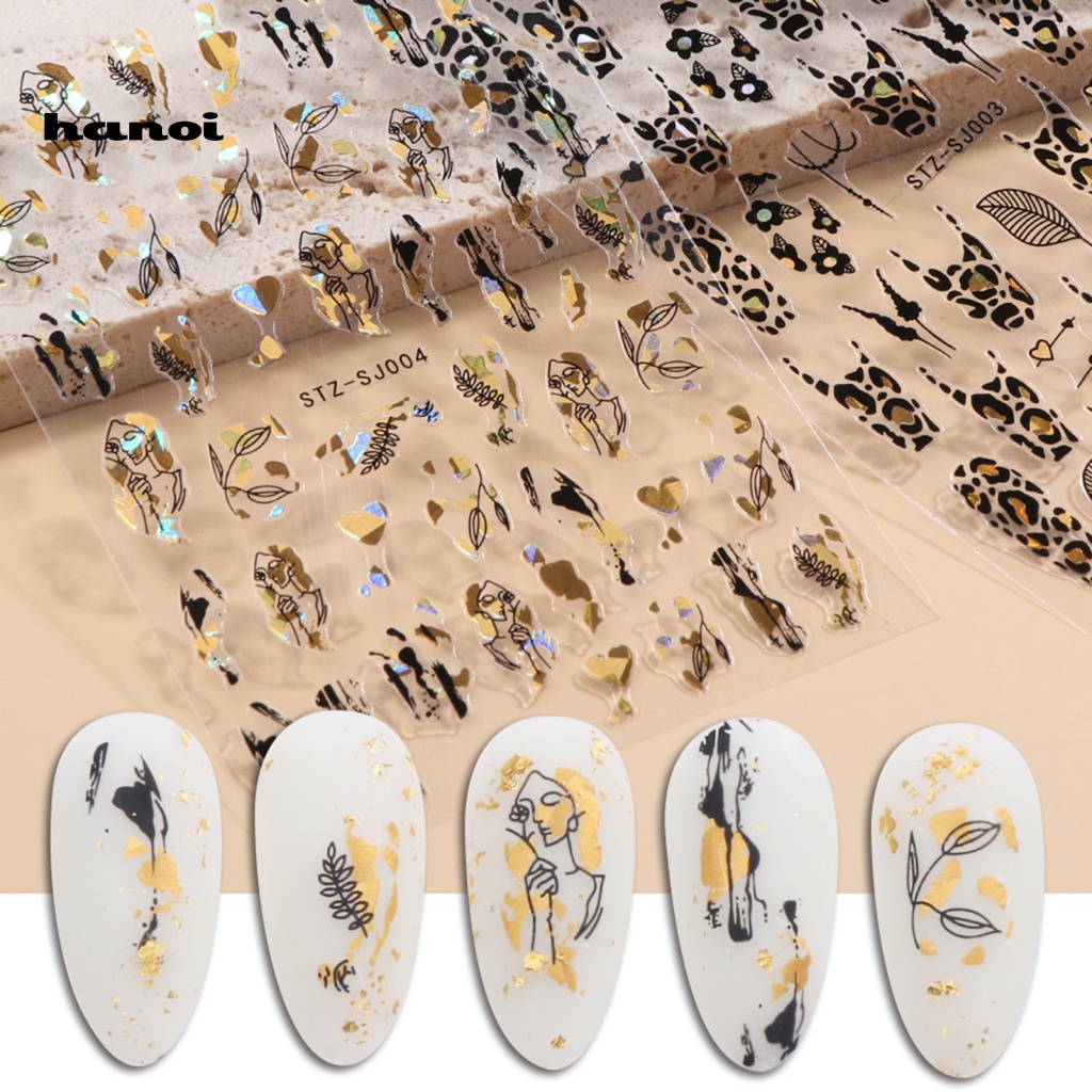 Set 9 Nhãn Dán Móng Tay 3D Tự Dính Họa Tiết Da Báo Màu Vàng Hồng Phong Cách Retro