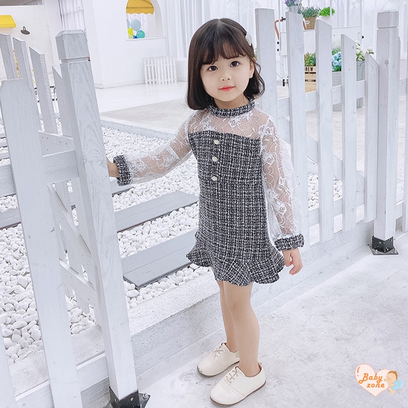 Đầm Cotton Màu Đen Phối Ren Thời Trang Xuân Thu Cho Bé Gái