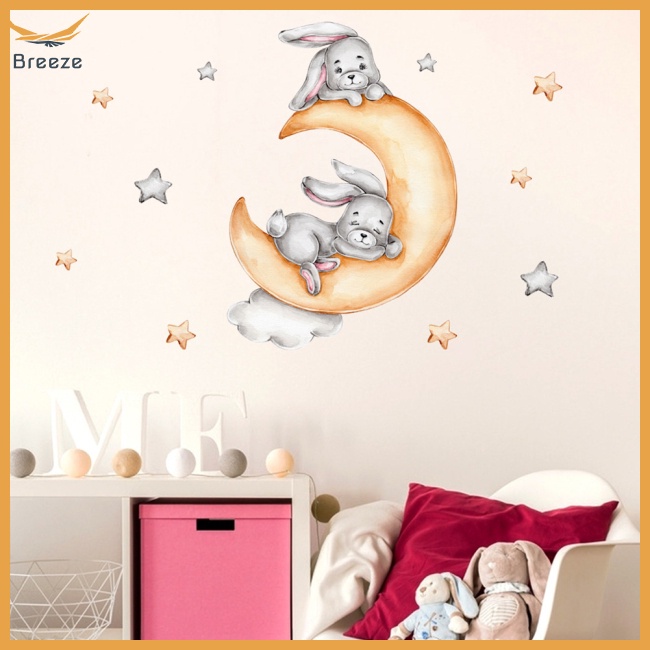 Decal dán tường Họa Tiết Thỏ Đang Ngủ Trên Mặt Trăng Ngôi Sao Đám Mây Trang Trí Phòng Khách Phòng Ngủ Trẻ Em