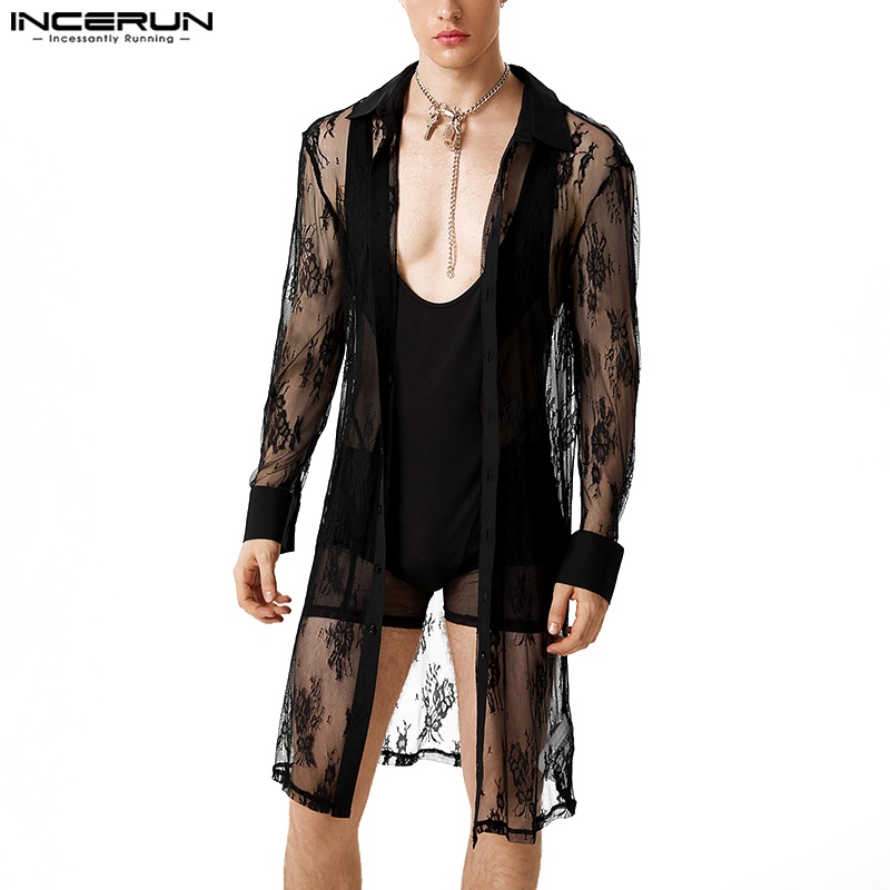 INCERUN Áo Sơ Mi Nam Dài Tay Cổ Bẻ Phối Ren Hoa Thời Trang Vintage