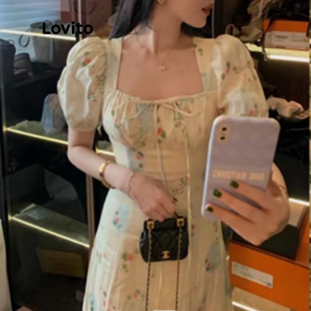Lovito Đầm hoa lãng mạn phối ren tay phồng có khóa kéo sau lưng cho nữ LNE10105 (Vàng nhạt)