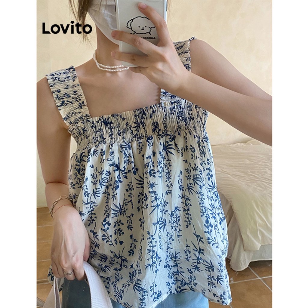 Lovito Áo ba lỗ chữ A họa tiết hoa đơn giản cho nữ LNE10041 (Nhiều Màu)