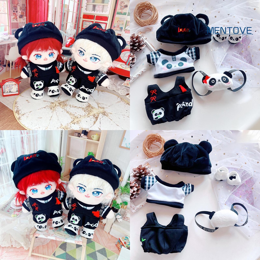 Set 5 Áo Thun Cotton 20cm + Giày + Nón Thêu Họa Tiết Gấu Trúc / Ngôi Sao Xinh Xắn Cho Búp Bê