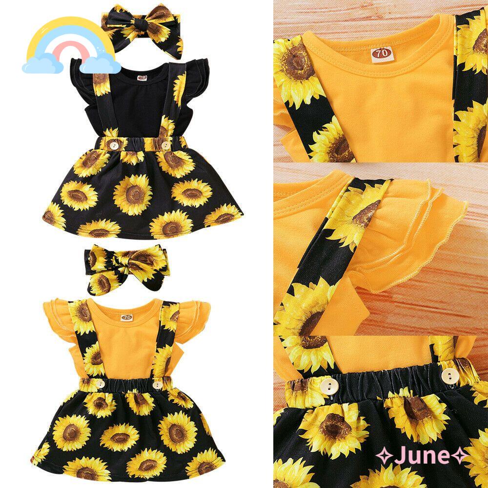 Bộ 3 Món Áo Liền Quần Tay Xòe In Hoa Hướng Dương Dễ Thương Cho Bé Gái