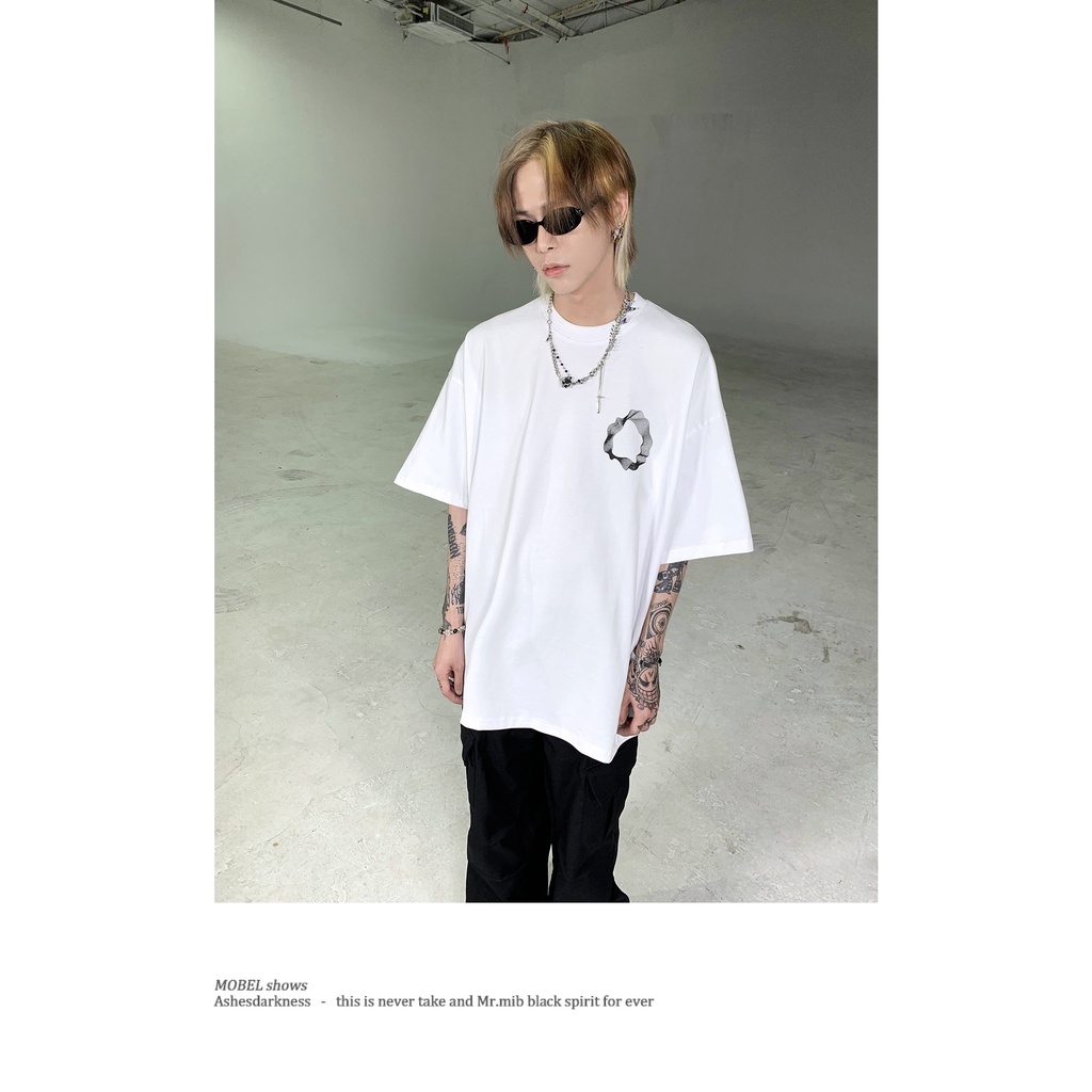 Ông Mr. Mr. Áo Thun Đen Tay Ngắn Dáng Rộng In Họa Tiết Hình Học Đường Phố Mùa Hè