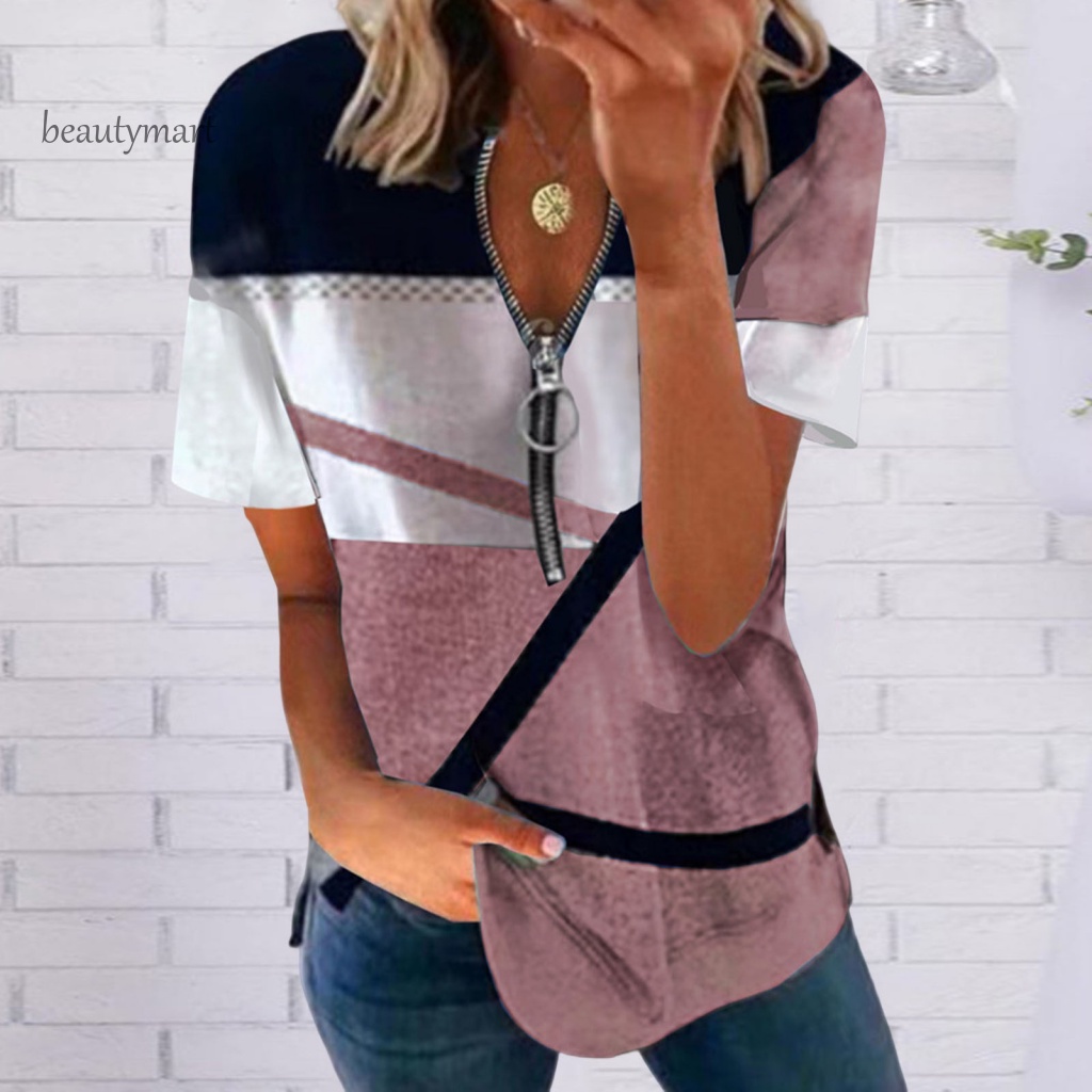 Áo Thun Tay Ngắn Cổ Chữ V Dáng Rộng Có Khóa Kéo Phối Màu Sắc Đẹp Mắt beautymartm1