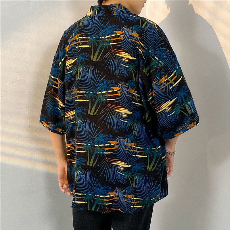 Áo Sơ Mi Tay Ngắn Cổ Đứng Dáng Rộng In Họa Tiết Cây Dừa Phong Cách Hawaii Thời Trang Mùa Hè Hàn Quốc Cho Nam