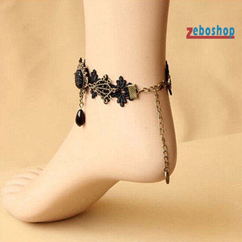 Lắc Chân Ren Hoa Màu Đen Phong Cách Vintage